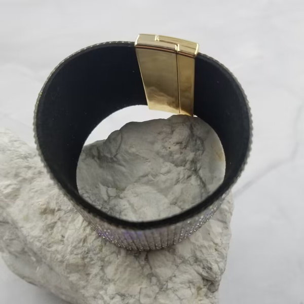 Large Shiny Crystal PU Leather Cuff Bracelet
